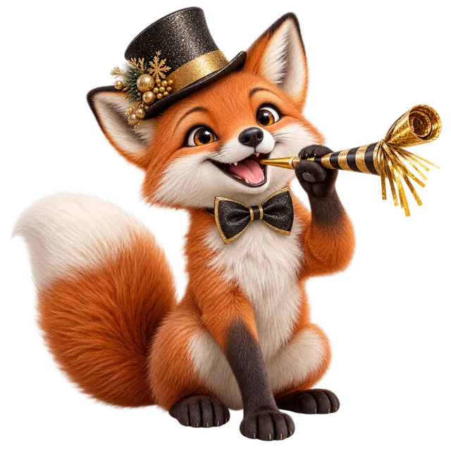 Orange fox in a black top hat and bow tie holding a gold-colored party horn