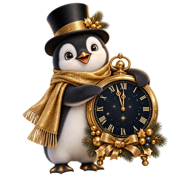 Penguin in a black top hat and gold scarf holding an ornate clock