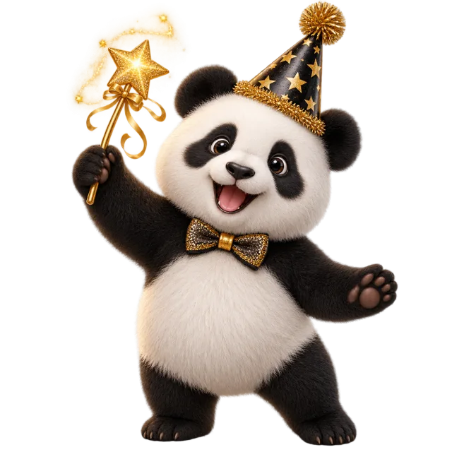 Panda holding a sparkling star wand and wearing party hat