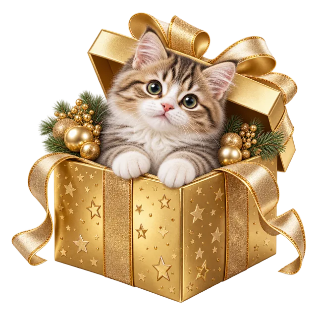 Small cat sitting in an open gold-colored gift box with a large bow