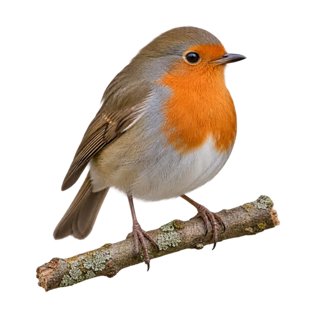 Small brown and white robin with an orange breast perched on a twig on a transparent background