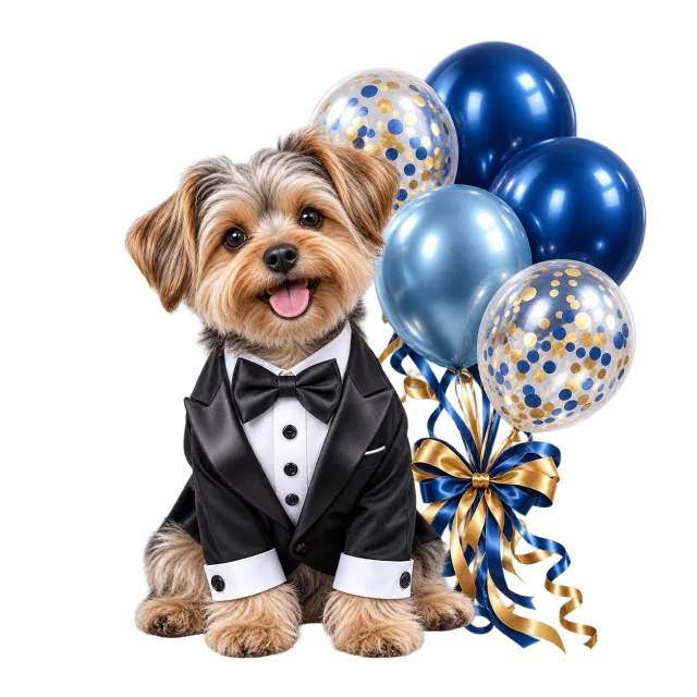 Small dog wearing a tuxedo-style outfit beside blue and pearl-colored balloons