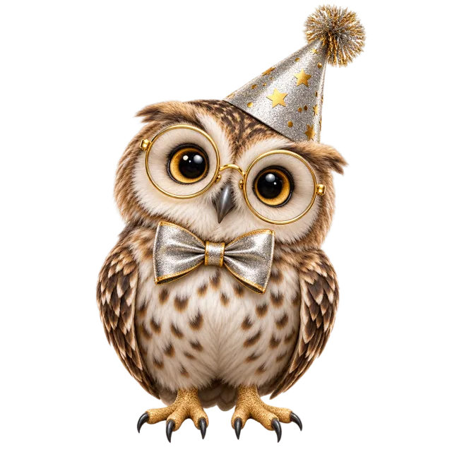 Owl with round gold spectacles and a silver party hat