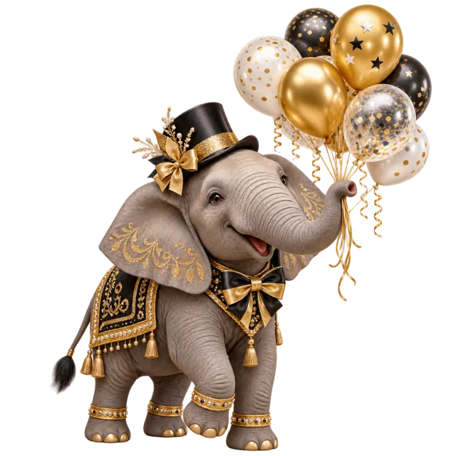 Elephant wearing a festive hat and decorative blanket while carrying a balloon bouquet