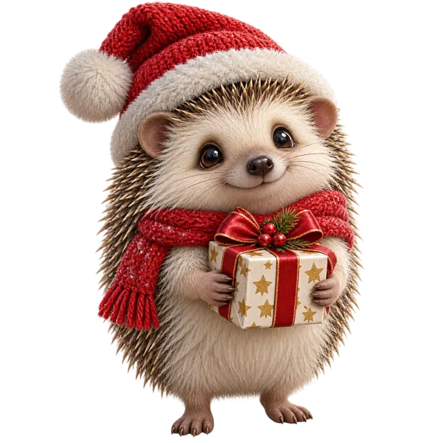 Hedgehog in a red winter hat and scarf holding a cream gift with gold stars and a red bow