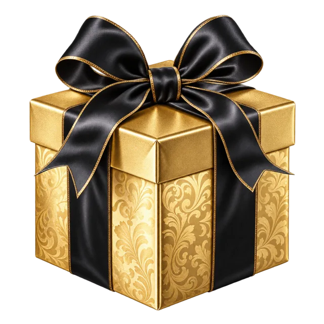 Gold gift box with black satin bow