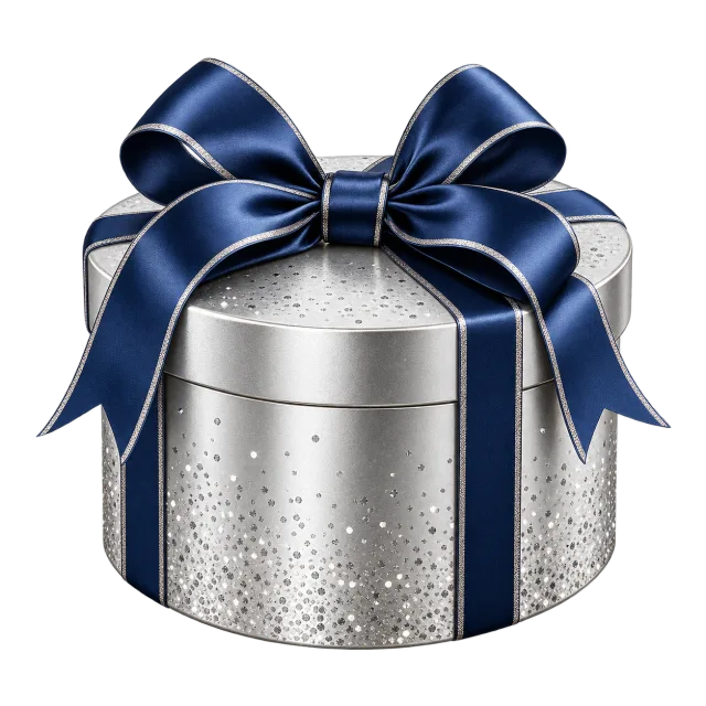 Silver round gift box with navy ribbon