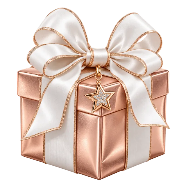 Rose gold present with white bow and star charm