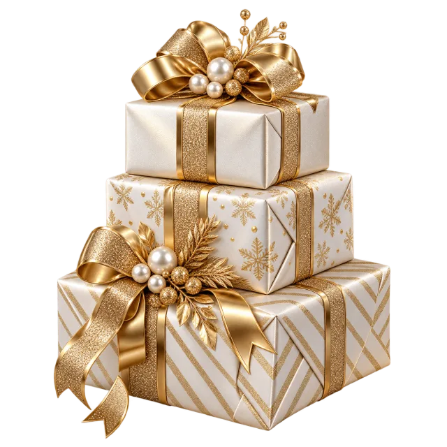 Stack of three pearl and gold New Year presents