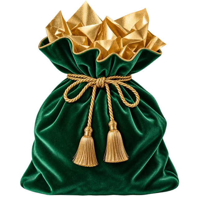 Velvet emerald gift bag with gold tissue paper