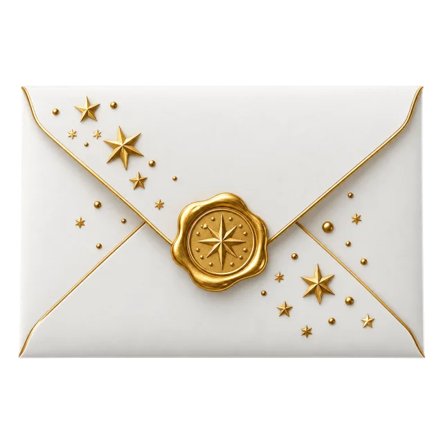 White envelope with gold wax seal and small stars