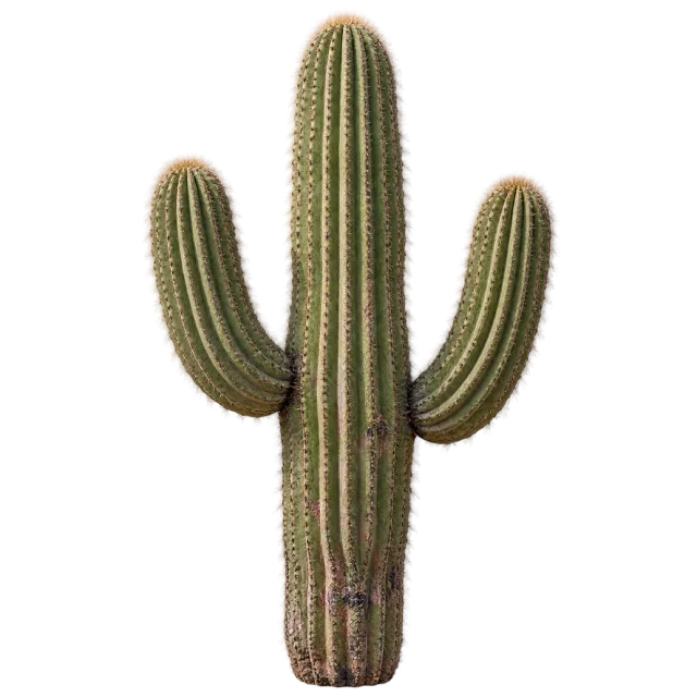 Tall ribbed green cactus with two raised arms and fine pale spines on a transparent background
