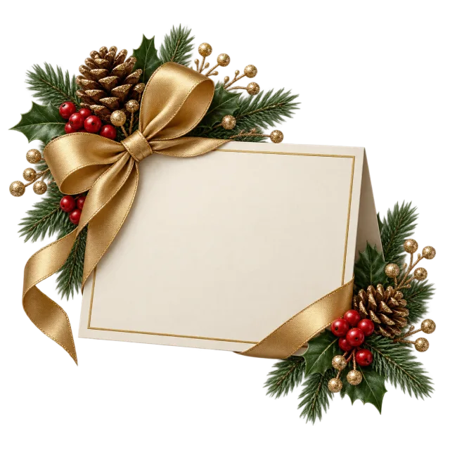 Blank cream greeting card framed by evergreen sprigs, berries, pinecones and gold-colored ribbon