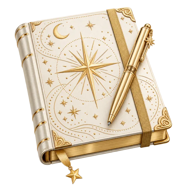Cream journal with gold-colored celestial patterns, a pen and a hanging star bookmark