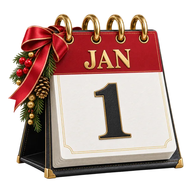 Red and cream desktop calendar displaying JAN and the number 1 beside a festive ribbon