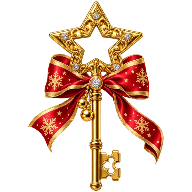 Ornate gold-colored key with a star-shaped bow and a red ribbon patterned with gold stars
