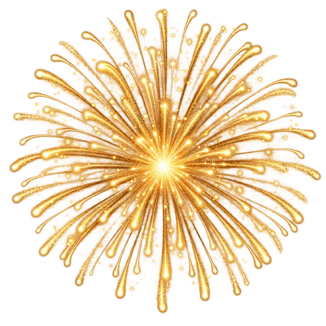 Radiating gold-colored firework burst with curling trails and glowing points
