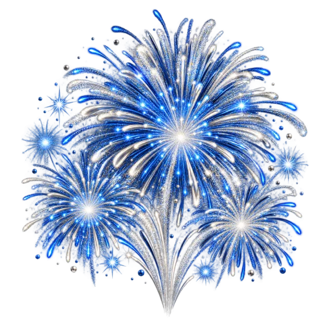Cluster of blue and silver firework bursts with bright centers and curling trails