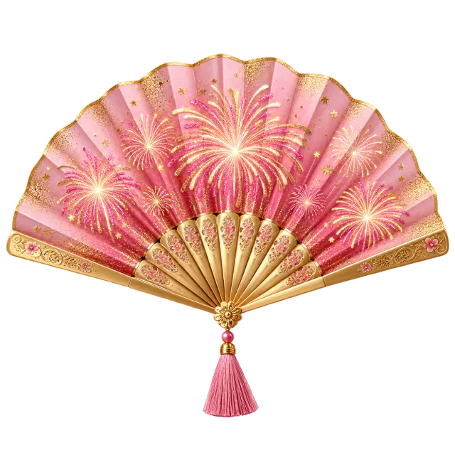 Open pink folding fan decorated with gold-colored firework patterns and a small tassel