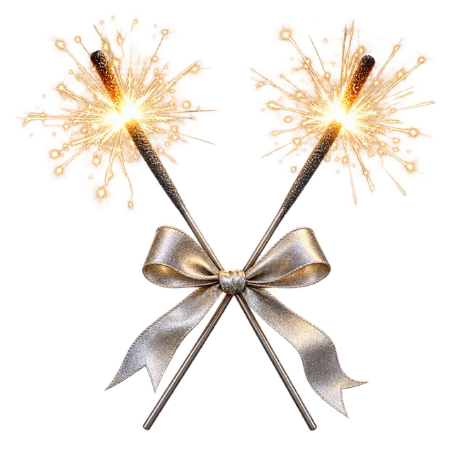 Two crossed sparklers emitting golden sparks and tied with a silver bow