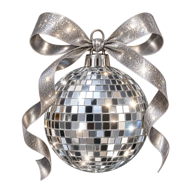 Miniature glittering disco ball with silver ribbon