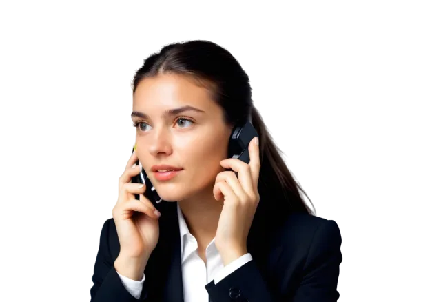 Dark-haired woman in a black blazer holding a phone beside her cheek on a transparent background