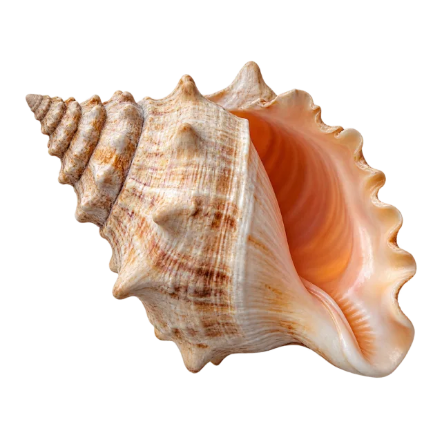Ridged spiral seashell with a pointed tip and a peach-colored opening on a transparent background