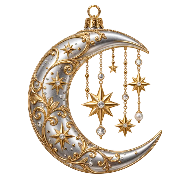 Silver crescent moon ornament with hanging gold stars
