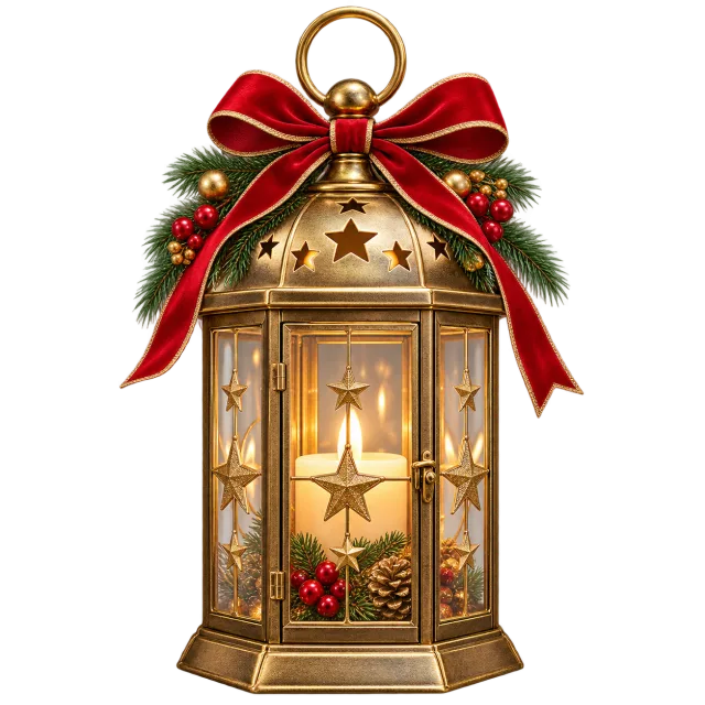 Gold-colored lantern with a glowing candle, star cutouts, evergreen sprigs and a red bow
