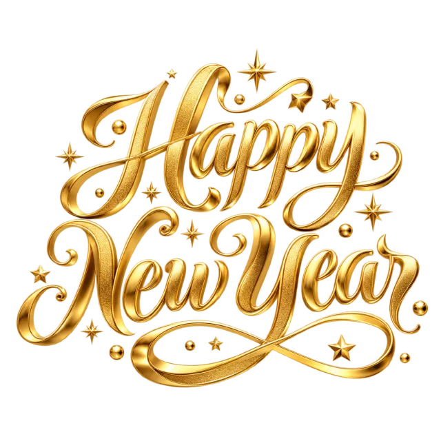 Gold-colored Happy New Year calligraphy with sweeping flourishes and small stars
