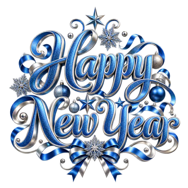 Blue and silver Happy New Year lettering surrounded by stars, curls and a ribbon bow