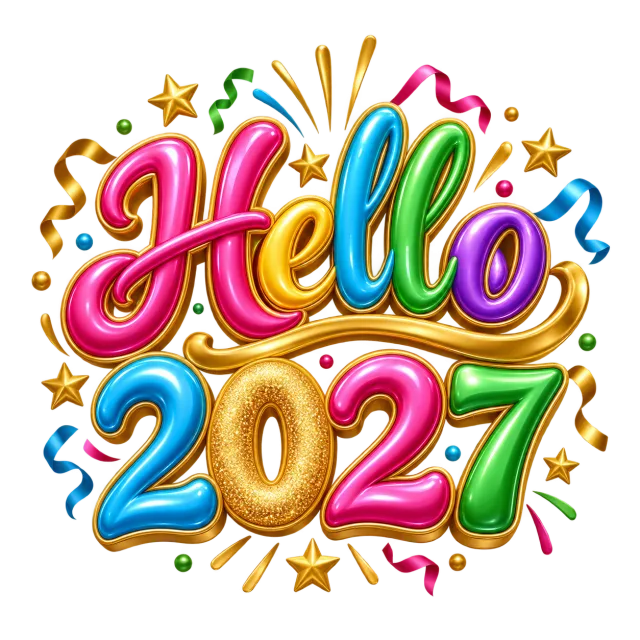 Colorful Hello 2027 lettering with stars, confetti and curled streamers