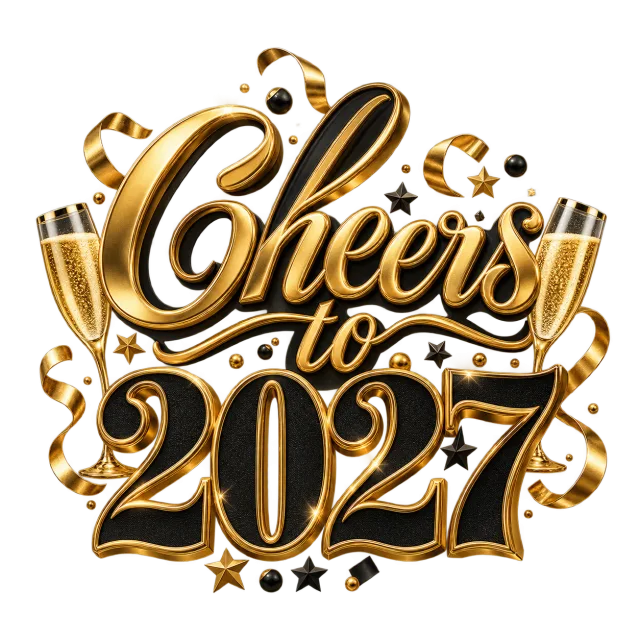 Black and gold-colored Cheers to 2027 lettering decorated with stars and curling ribbons