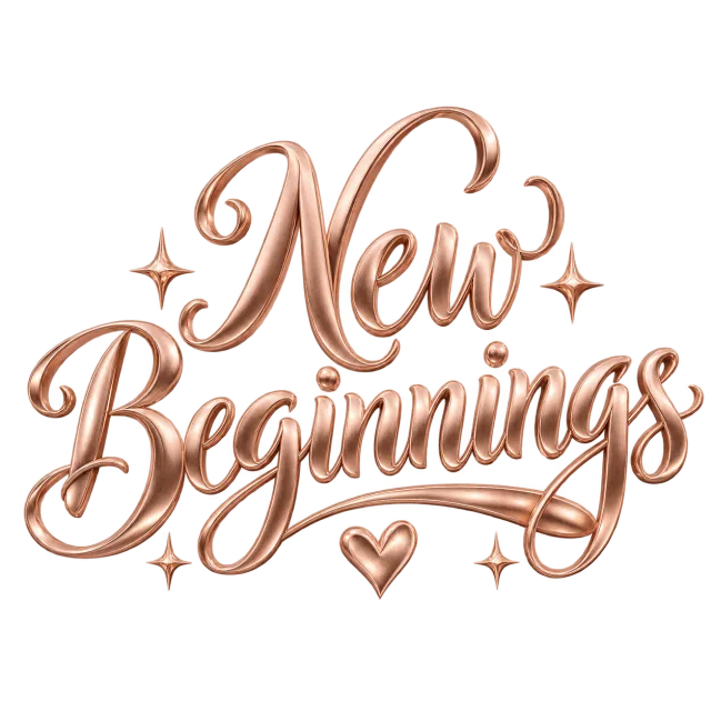 Rose gold-colored New Beginnings script with flowing flourishes and small heart details