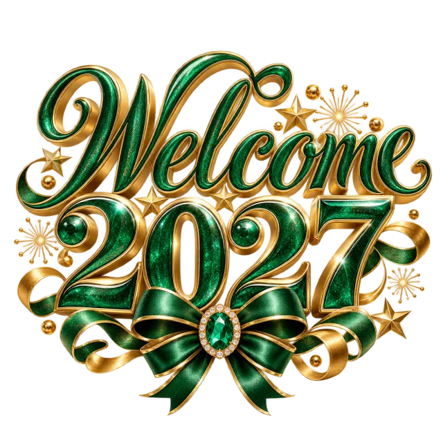 Emerald and gold-colored Welcome 2027 lettering with stars and a decorative bow