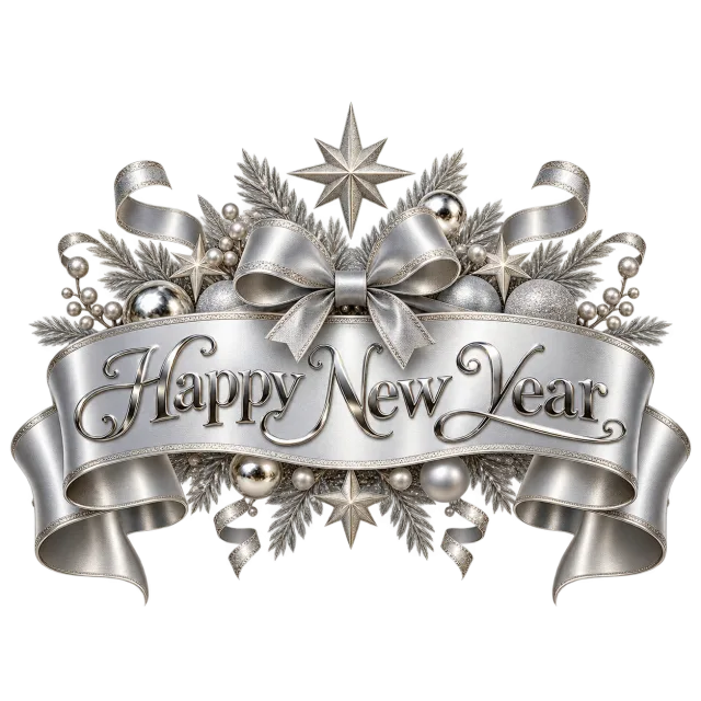 Silver ribbon banner reading Happy New Year beneath a bow and star ornaments