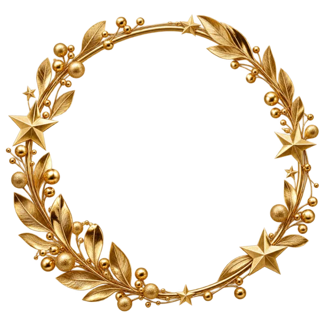 Circular gold-colored frame with botanical sprigs and small stars around an open center
