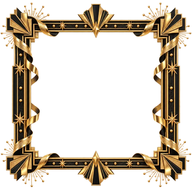 Black and gold-colored rectangular Art Deco frame with geometric corners and an open center