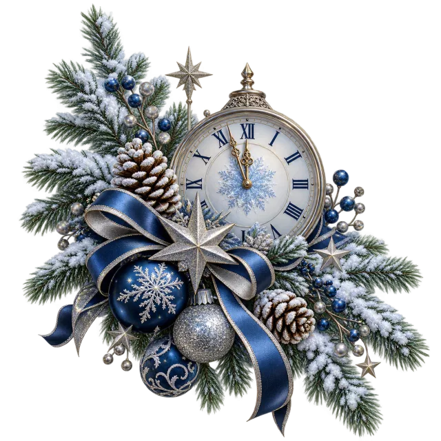 Blue and silver winter arrangement with a clock, snowy pine branches, ornaments and a large bow