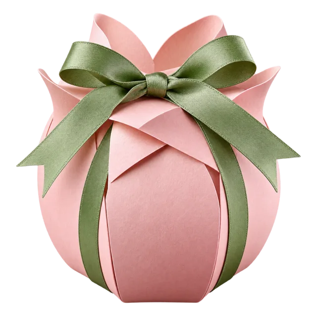 Pink tulip-shaped gift box tied with a sage green bow