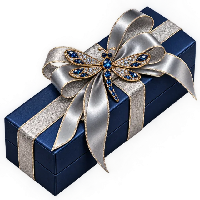 Long navy gift box with a silver ribbon and jeweled dragonfly decoration
