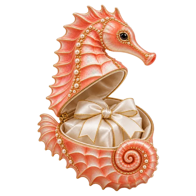 Open coral seahorse-shaped box holding a cream ribboned parcel
