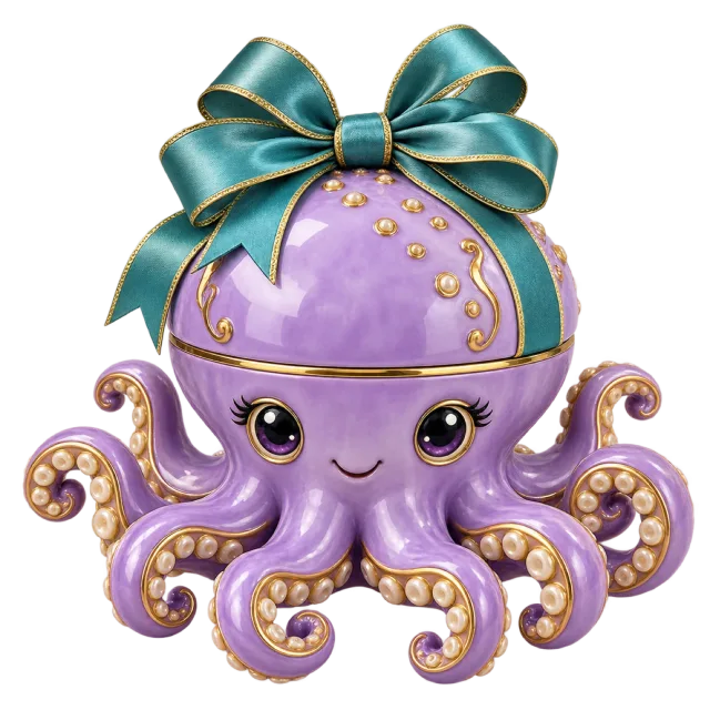 Purple octopus-shaped gift box with gold-colored details and a teal bow