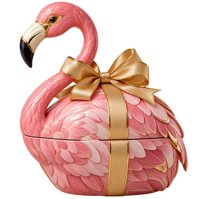 Pink flamingo-shaped gift box wrapped with a gold-colored ribbon