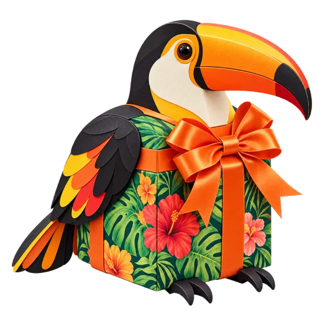 Toucan-shaped box with tropical floral patterns and a bright orange bow