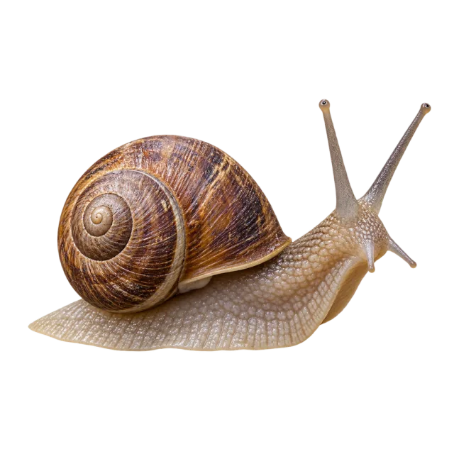 Garden snail with a spiral brown shell, textured body and extended feelers on a transparent background