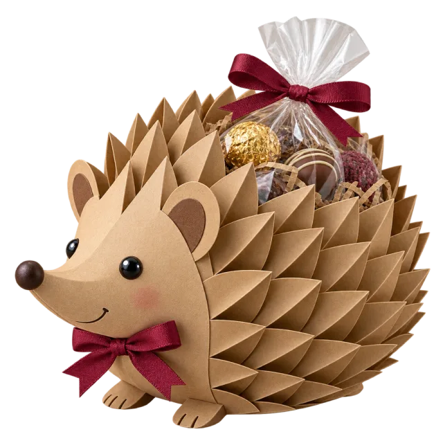 Brown hedgehog-shaped gift holder filled with wrapped treats and tied with burgundy ribbon