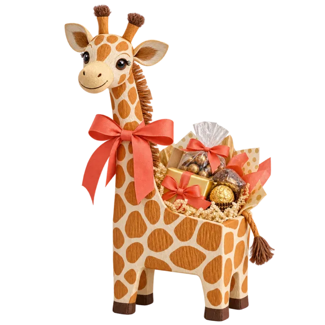 Giraffe-shaped gift holder with a red bow and a basket of treats on its back