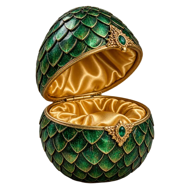 Open green dragon egg box with scale patterns and a gold-colored lining
