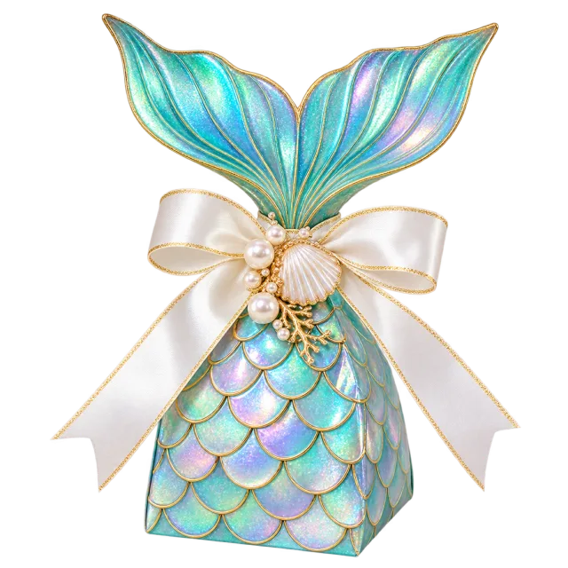 Iridescent mermaid tail-shaped box decorated with a cream bow and small shell details